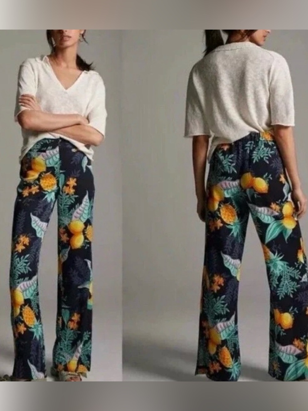 Maeve x Anthropologie 100% Lyocell Navy Wide-Leg Tropical Escape Print Pants - Picture 2 of 13